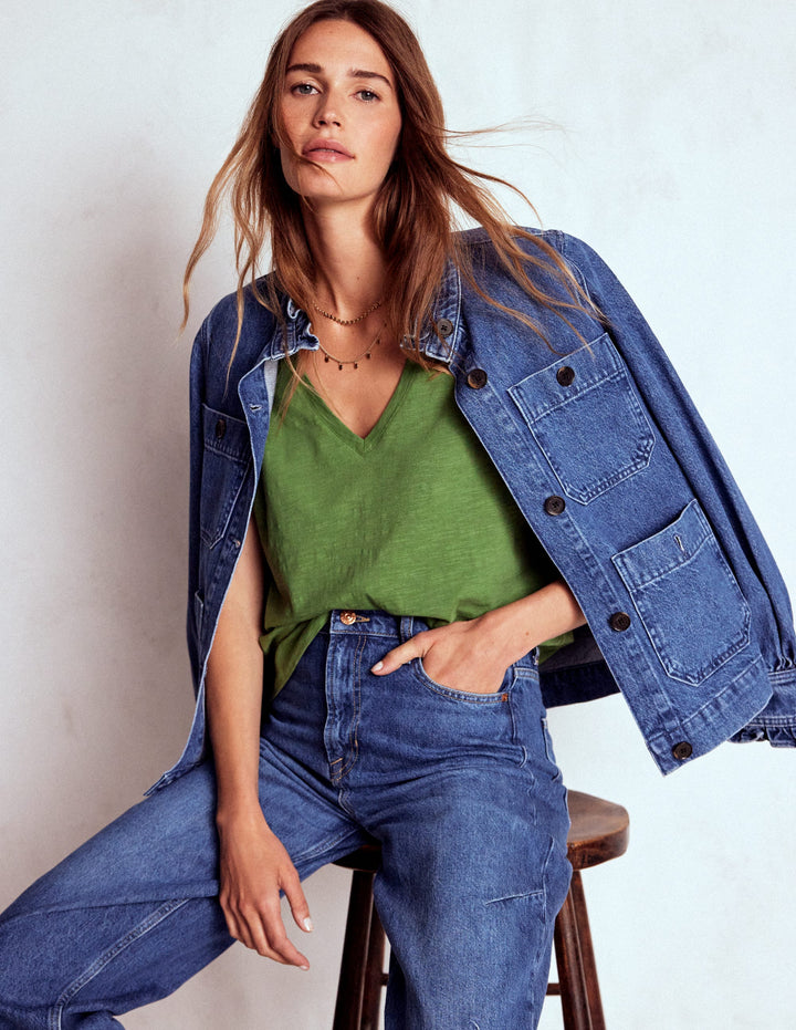 V Neck Slub T-shirt-Safari Green