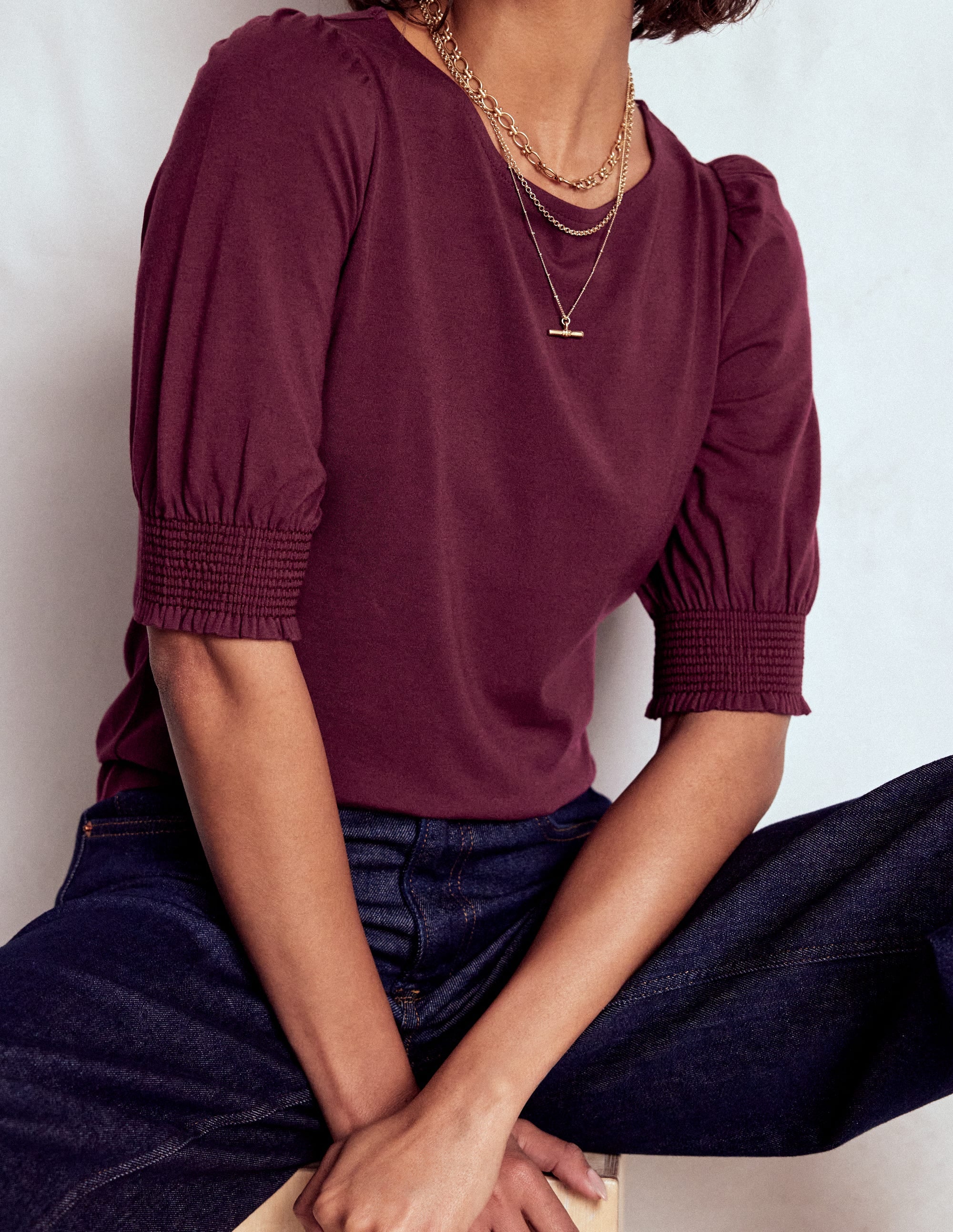 Short Sleeve Smocked Cuff Top-Deep Wisteria - Image 1