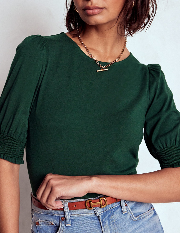Short Sleeve Smocked Cuff Top-Green Pine