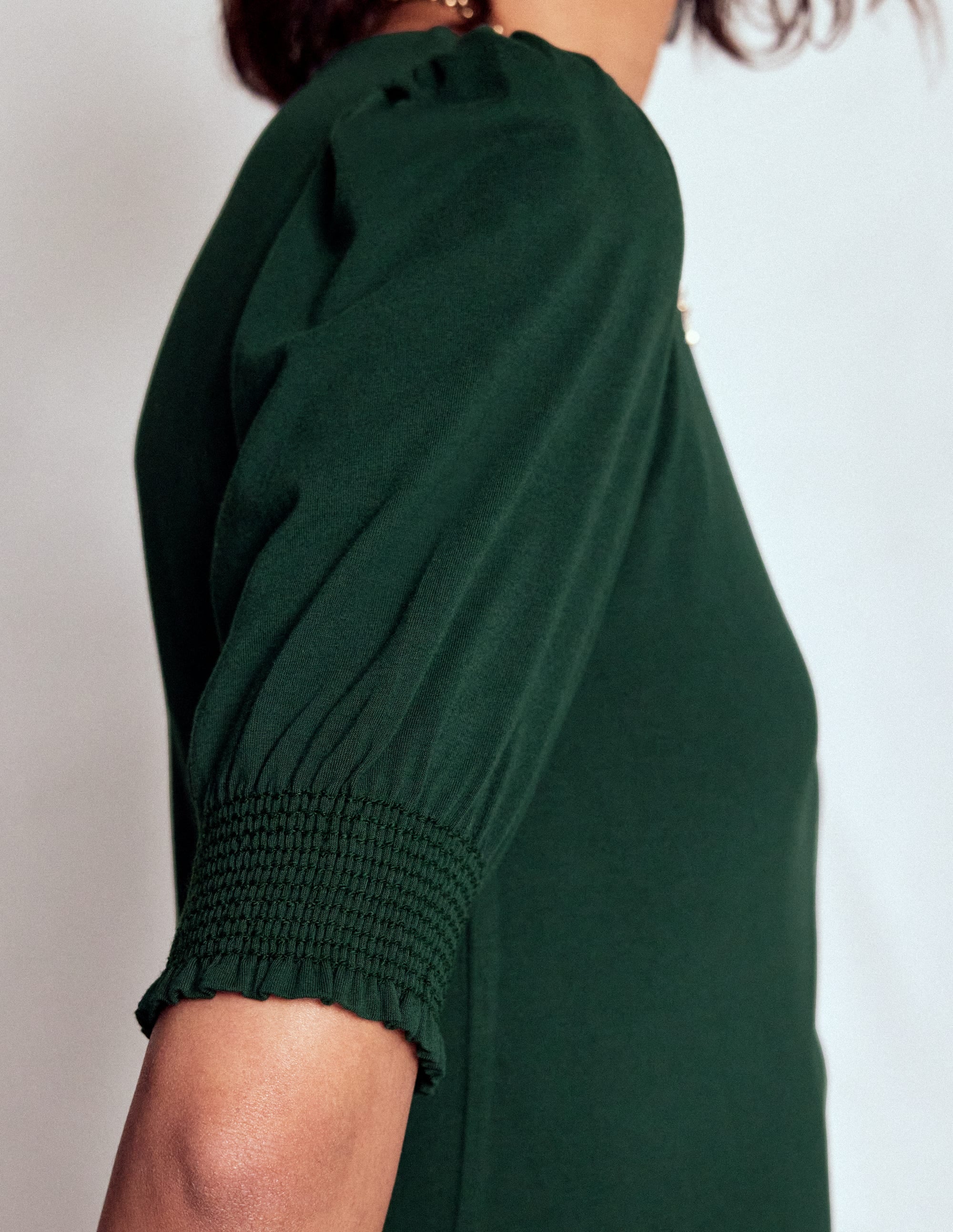 Short Sleeve Smocked Cuff Top-Green Pine - Image 2
