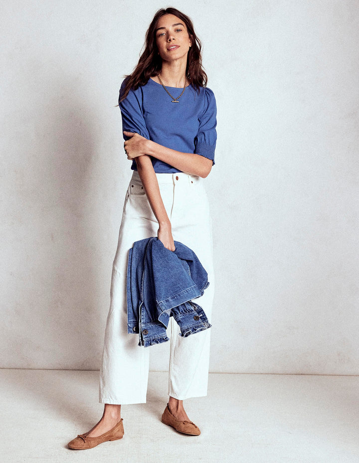 Short Sleeve Smocked Cuff Top-Denim Blue