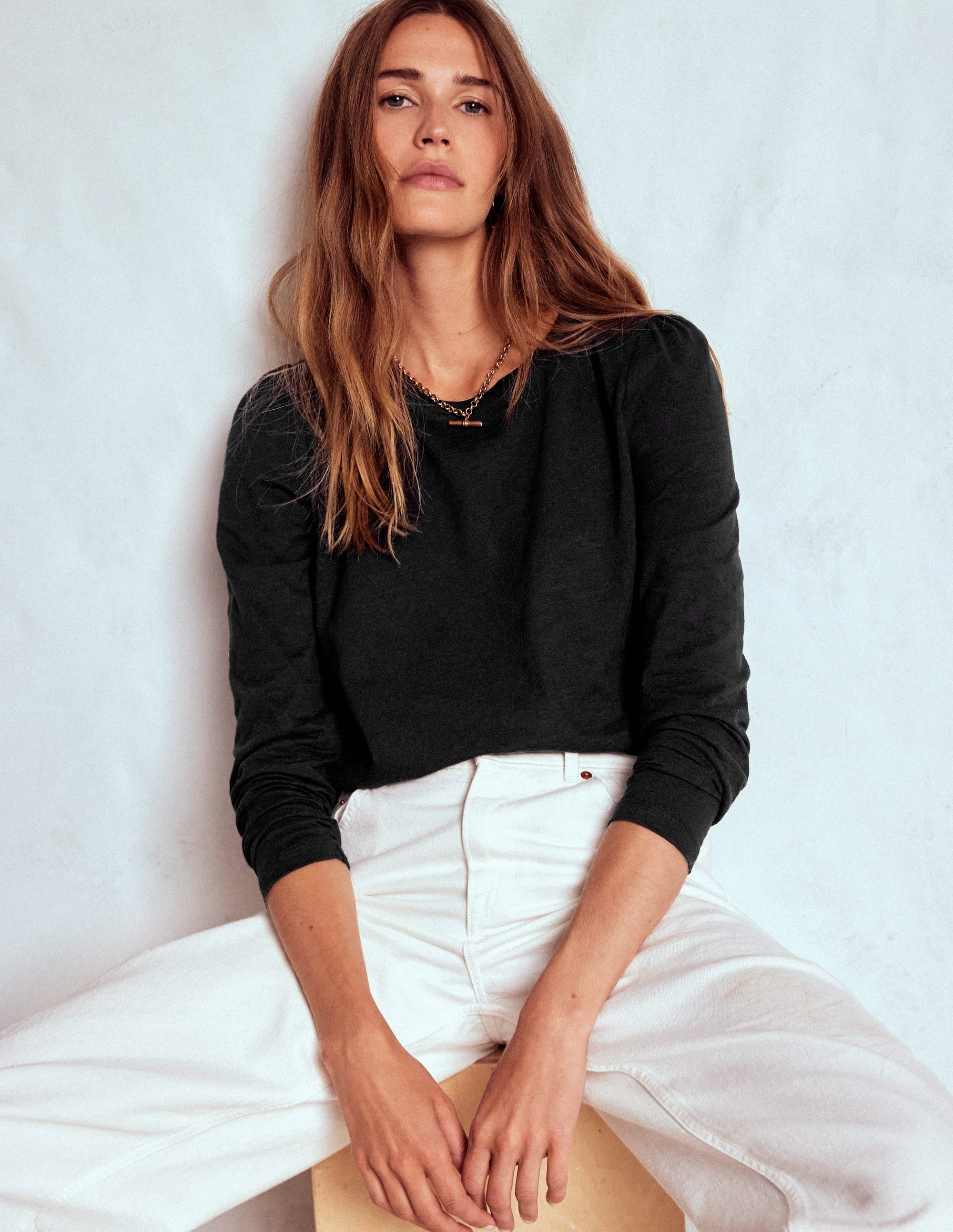 Cotton Crew Long Sleeve Top-Black - Image 1