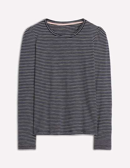 Cotton Crew Long Sleeve Top-Navy, Ivory Stripe-5