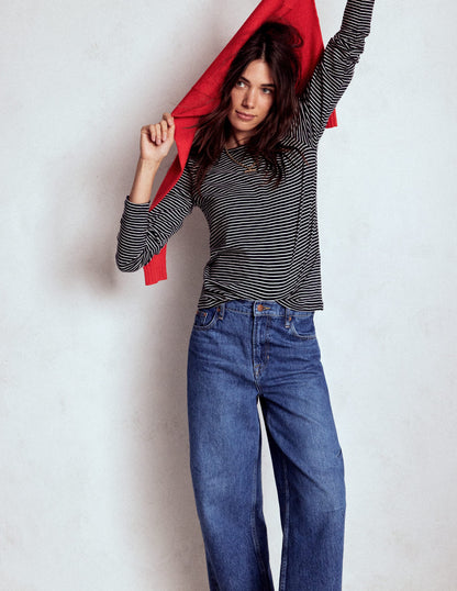 Cotton Crew Long Sleeve Top-Navy, Ivory Stripe-1
