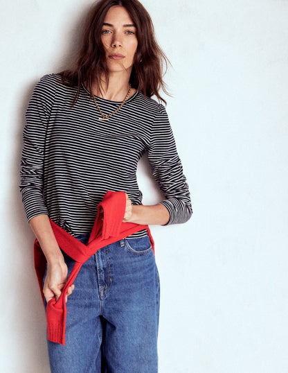 Cotton Crew Long Sleeve Top-Navy, Ivory Stripe-4