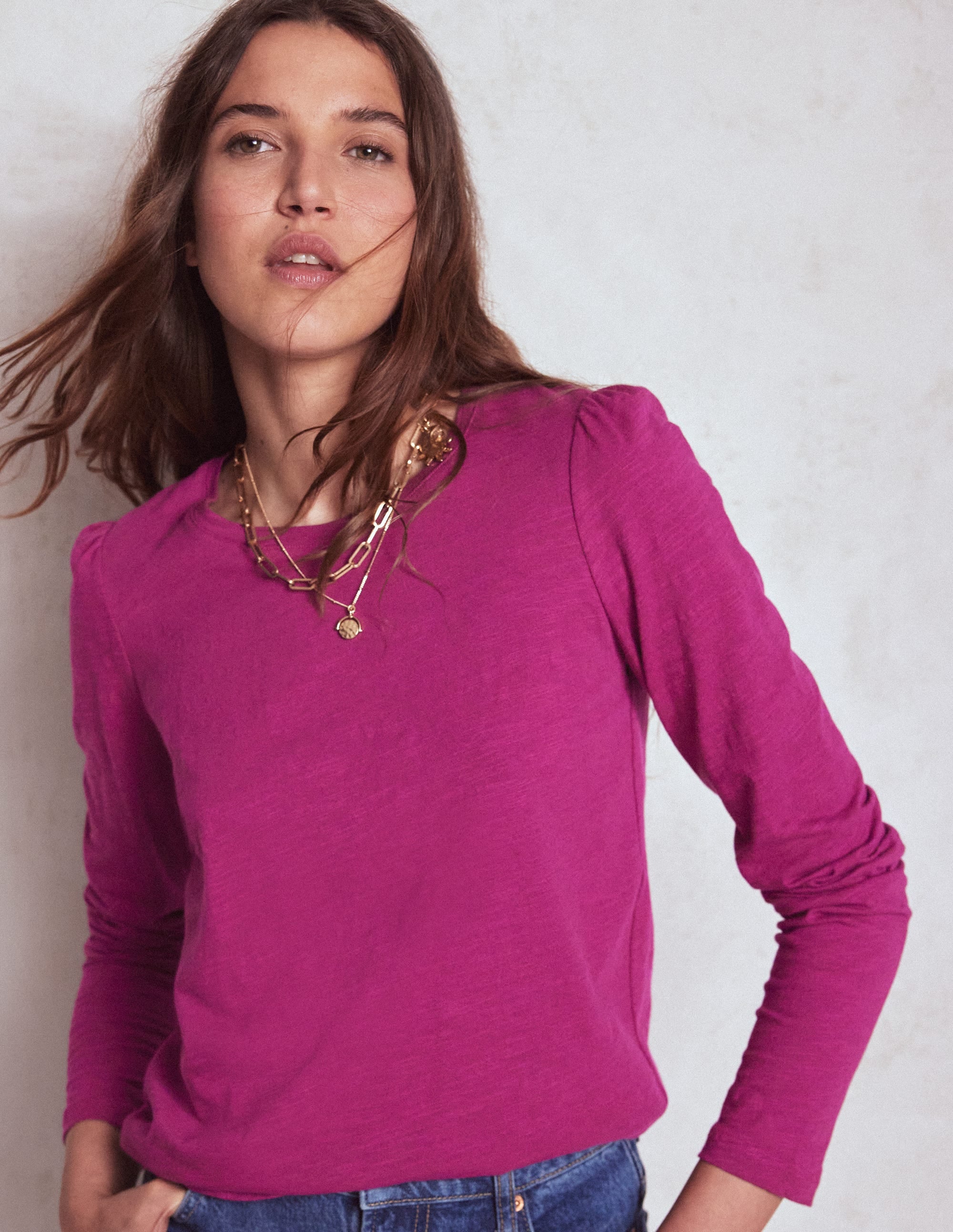 Cotton Crew Long Sleeve Top-Rich Magenta - Image 1