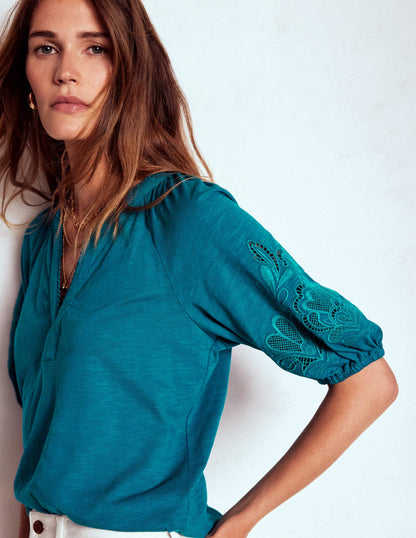 Cutwork Notch Neck Top-Deep Sea Green-3