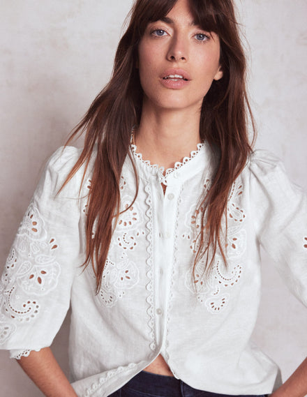 Alicia Cutwork Linen Top-White, Cutwork Embroidery