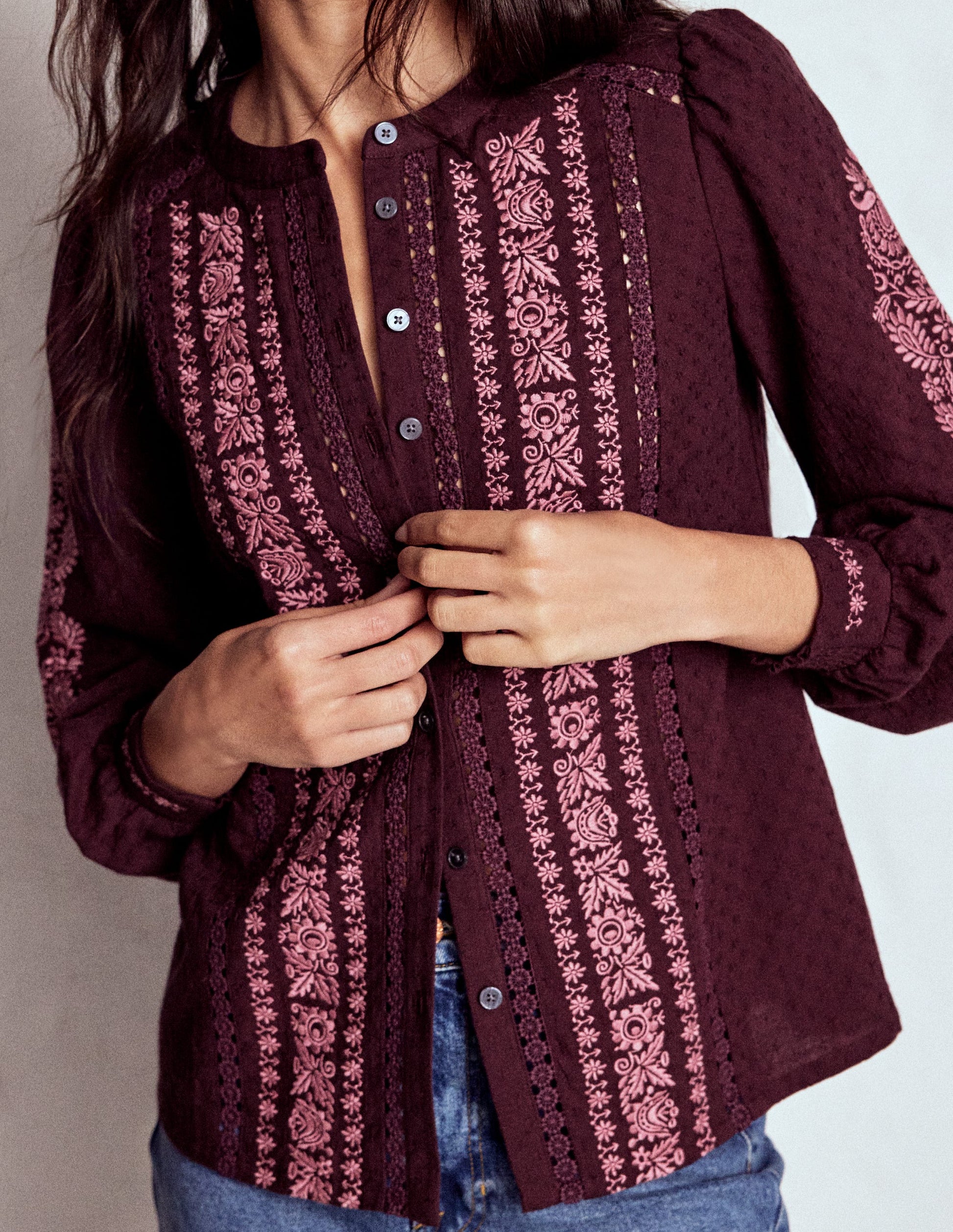 Embroidered Cotton Top-Dark Cherry-3