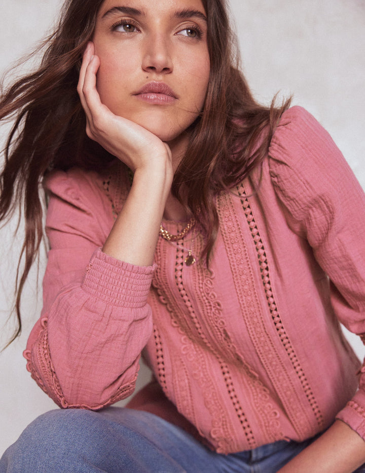 Trim Interest Double Cloth Top-Pink Heather