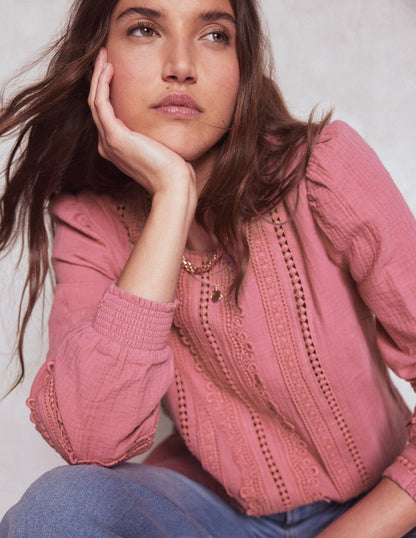 Trim Interest Double Cloth Top-Pink Heather-1