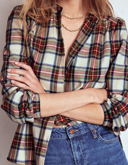 Layla Brushed Cotton Top-Ivory, Blue and Red Check-2