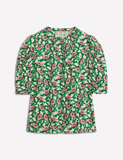 Mutton Sleeve Smart Top-Rich Emerald, Ornate Vine-5