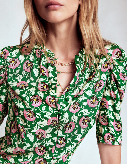 Mutton Sleeve Smart Top-Rich Emerald, Ornate Vine-2