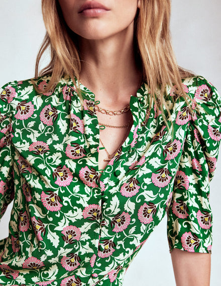 Mutton Sleeve Smart Top-Rich Emerald, Ornate Vine