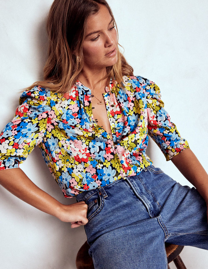 Mutton Sleeve Smart Top-Multi, Flowerbed Cluster