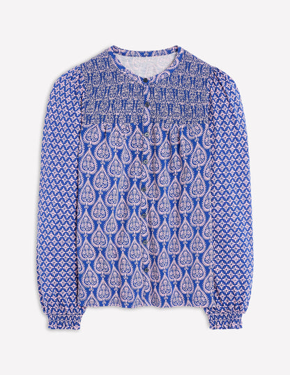 Elsa Smocked Yoke Jersey Shirt-Bright Blue, Ornate Geo-5