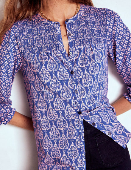 Elsa Smocked Yoke Jersey Shirt-Bright Blue, Ornate Geo