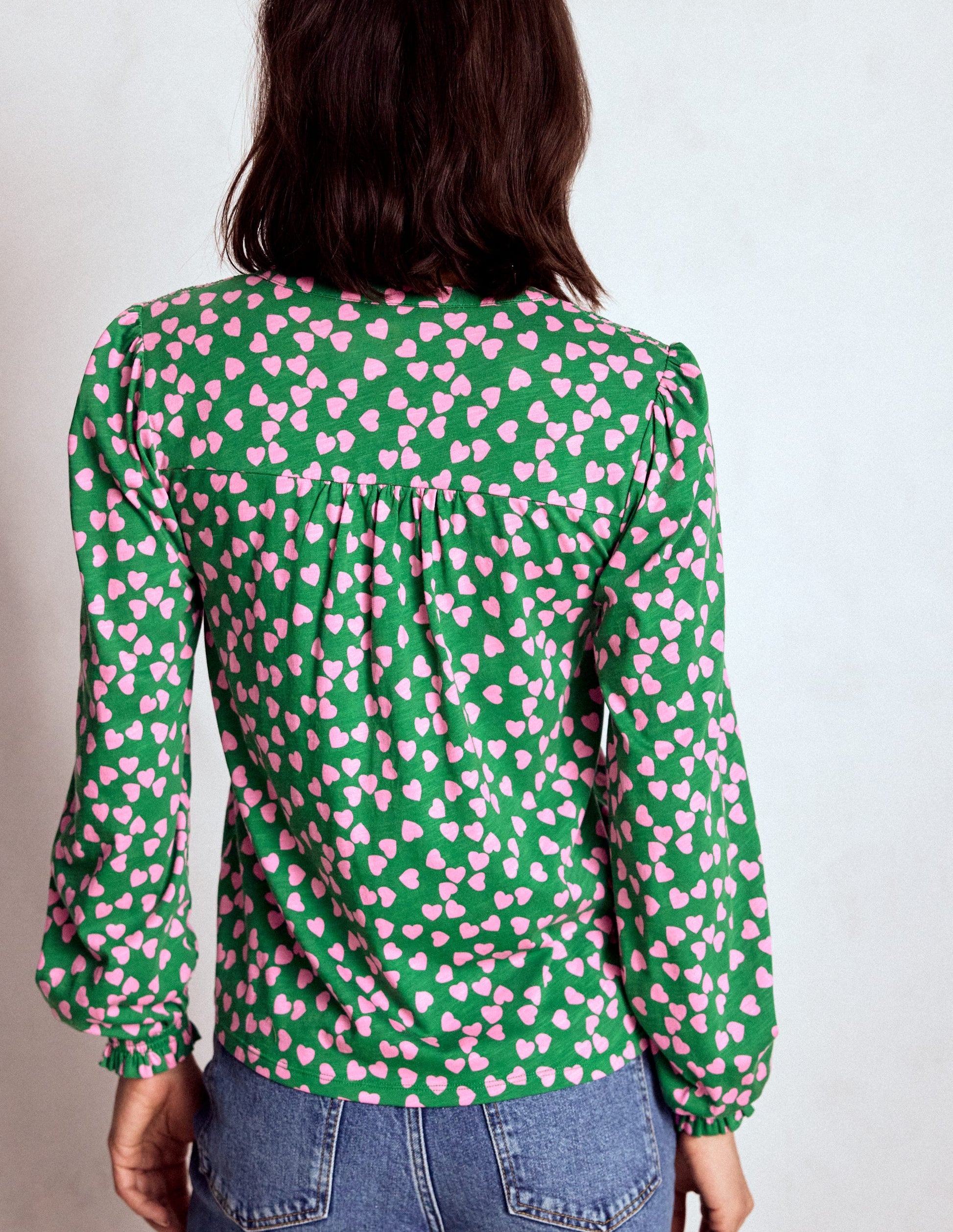 Elsa Smocked Yoke Jersey Shirt-Highland Green, Heart Cascade-3