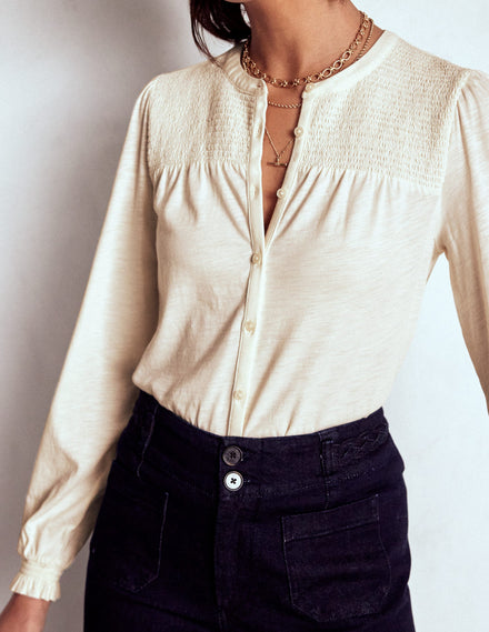 Elsa Smocked Yoke Jersey Shirt-Ivory