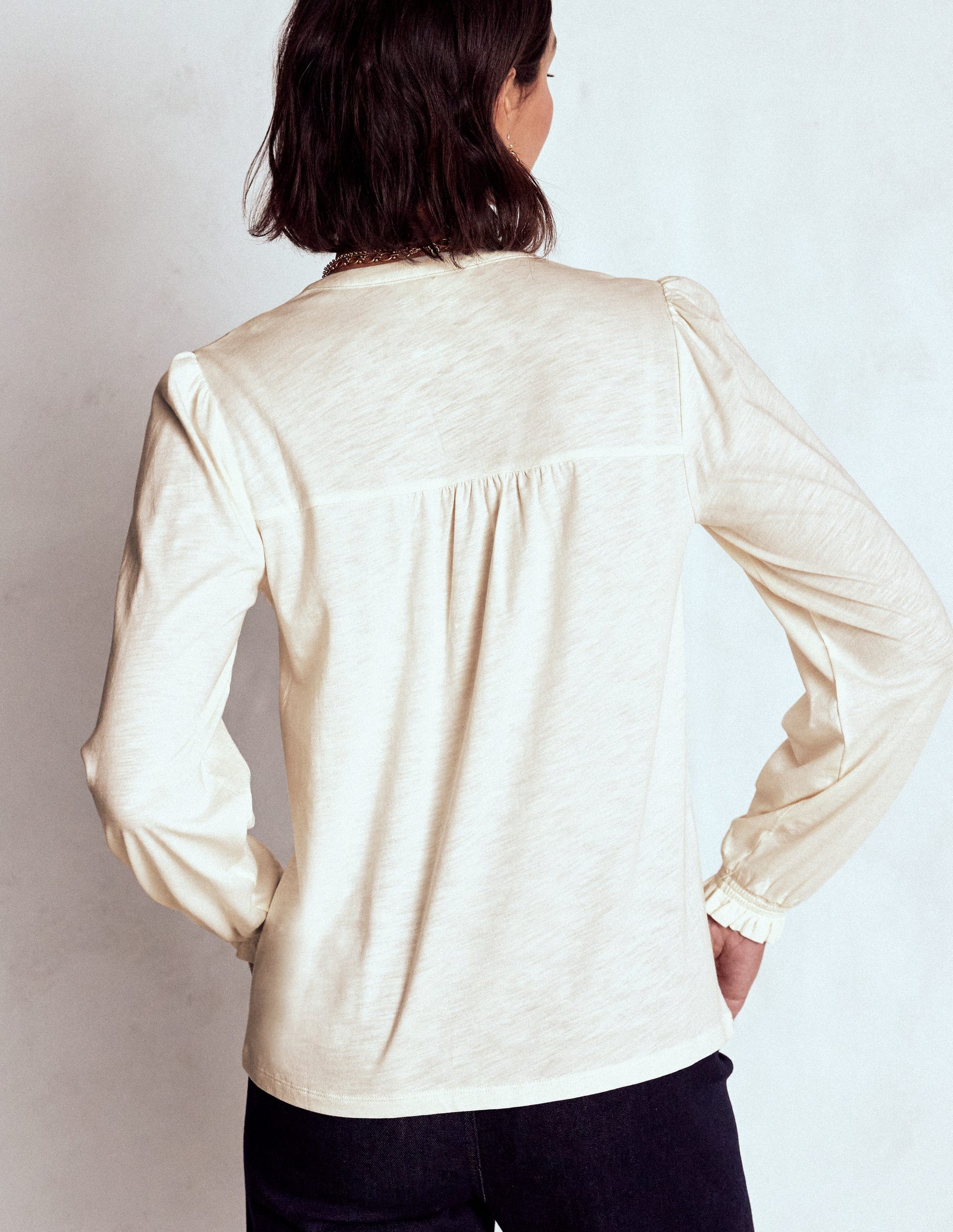 Elsa Smocked Yoke Jersey Shirt-Ivory-3