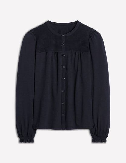 Elsa Smocked Yoke Jersey Shirt-Navy-5