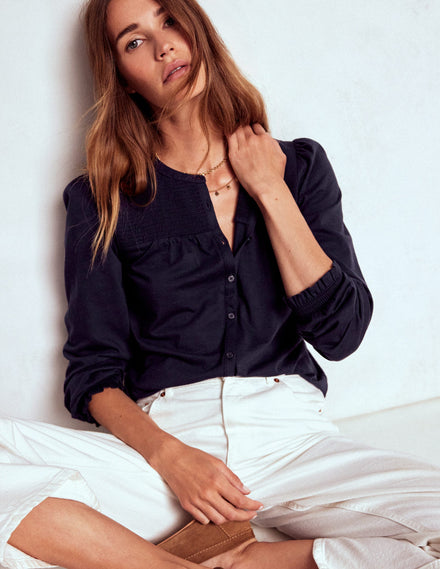 Elsa Smocked Yoke Jersey Shirt-Navy