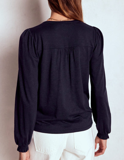 Elsa Smocked Yoke Jersey Shirt-Navy-3