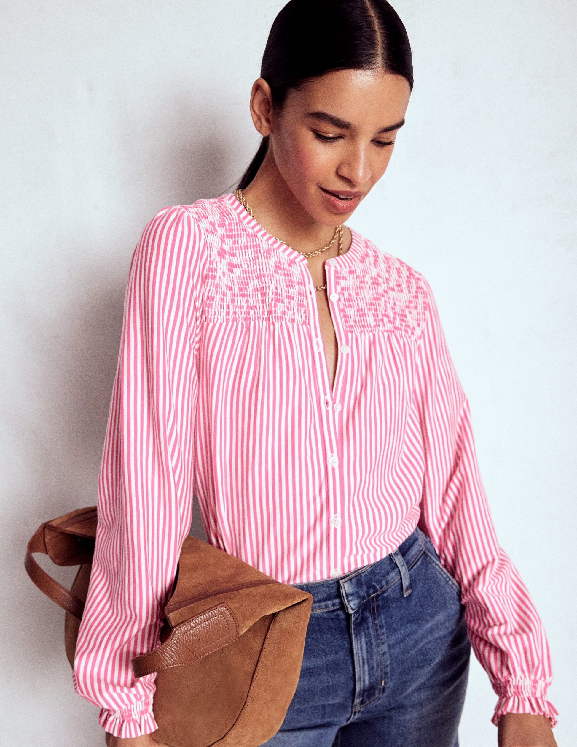 Elsa Smocked Yoke Jersey Shirt-Pink Ribbon Stripe-1