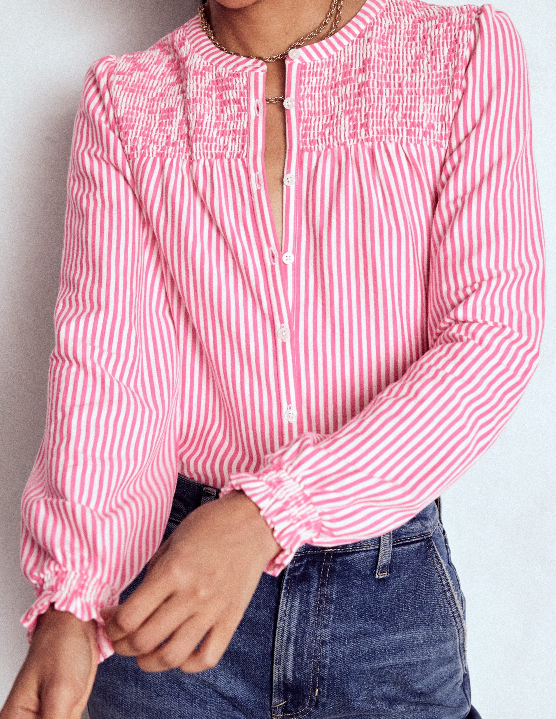 Elsa Smocked Yoke Jersey Shirt-Pink Ribbon Stripe-2