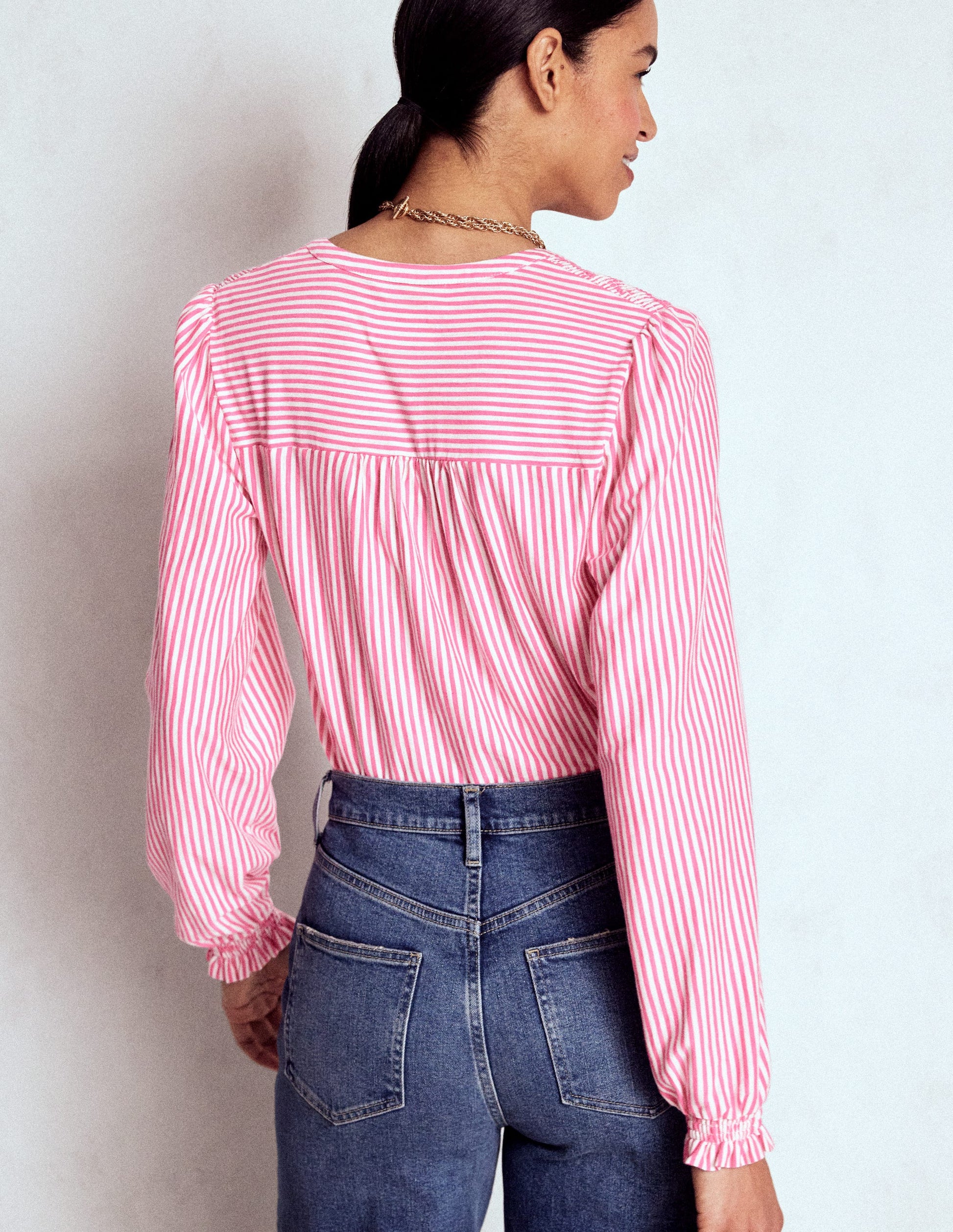 Elsa Smocked Yoke Jersey Shirt-Pink Ribbon Stripe-3