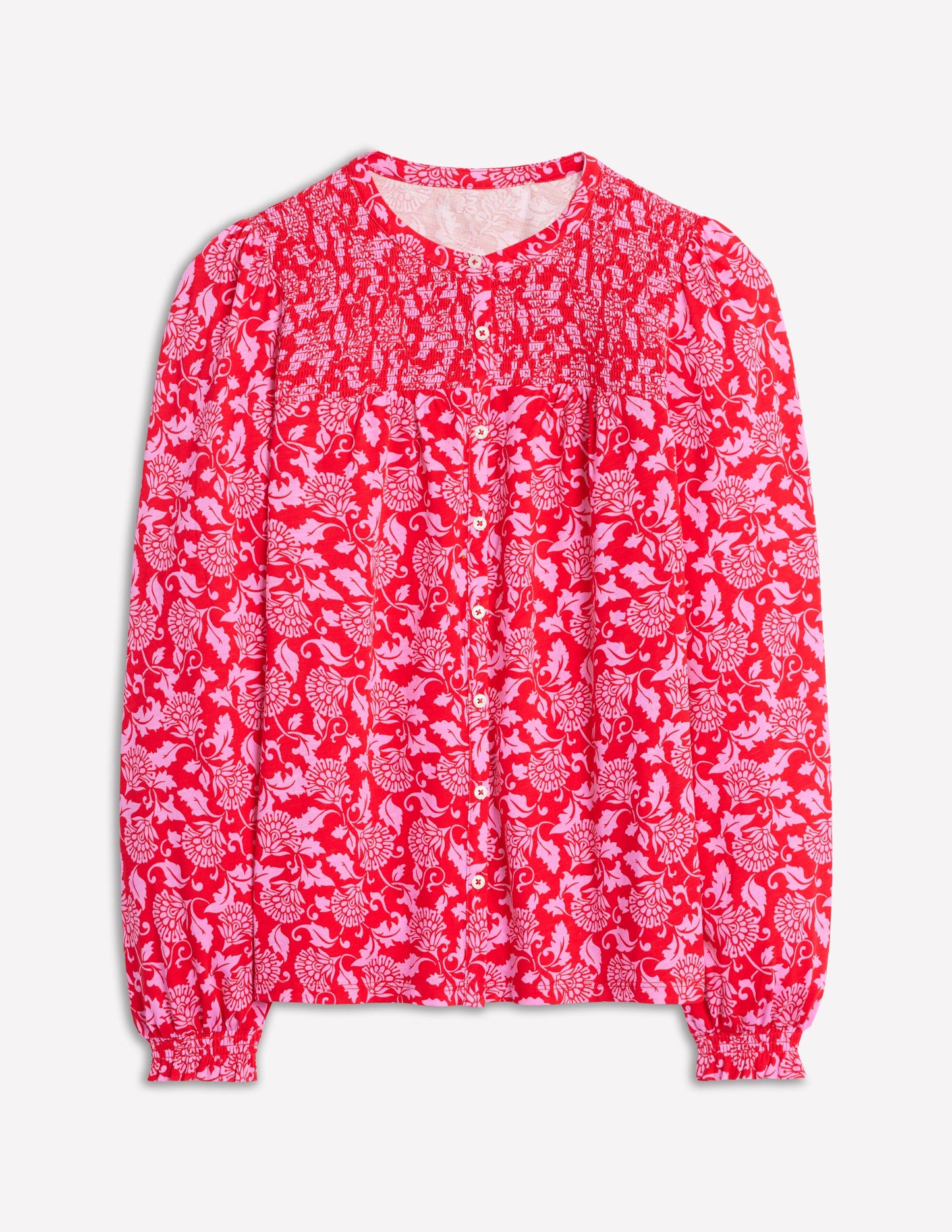 Elsa Smocked Yoke Jersey Shirt-Poppy Red, Ornate Vine