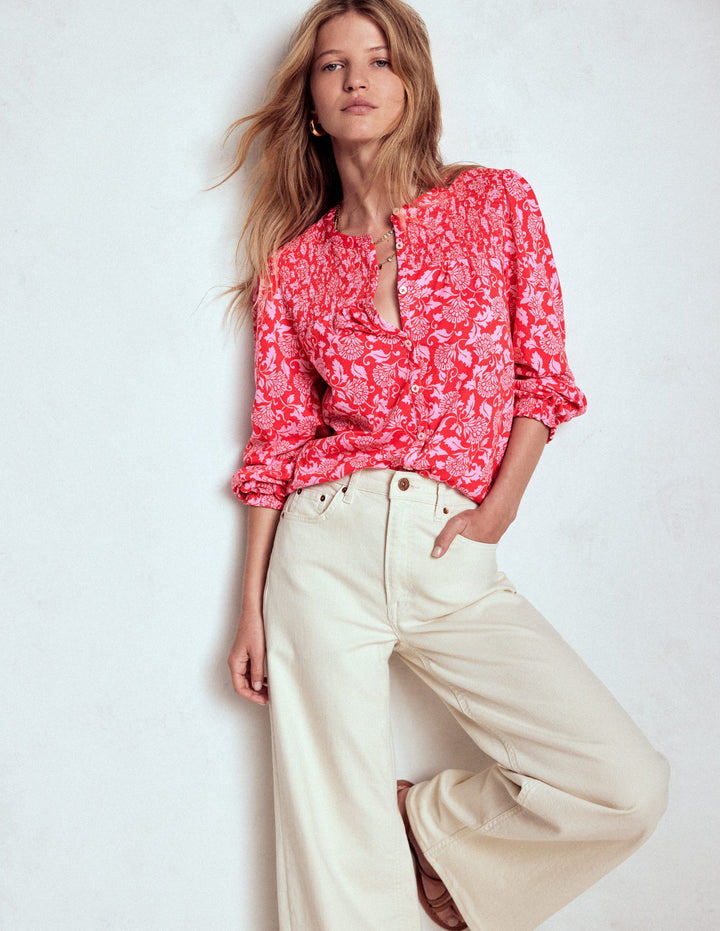 Elsa Smocked Yoke Jersey Shirt-Poppy Red, Ornate Vine