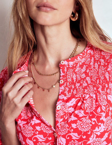 Elsa Smocked Yoke Jersey Shirt-Poppy Red, Ornate Vine