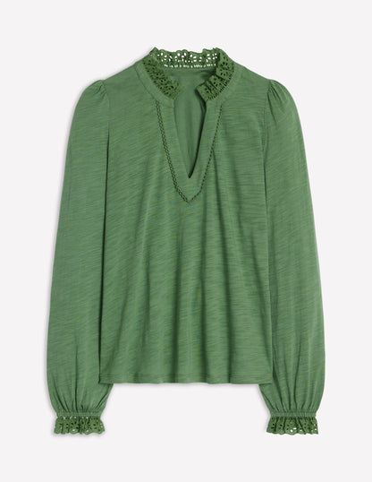 Aria Broderie Notch Neck Top-Newt Green-5