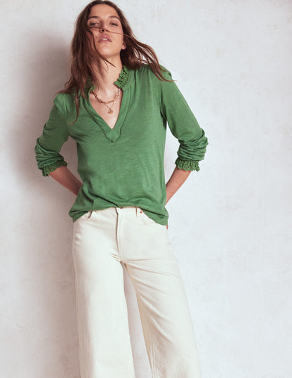 Aria Broderie Notch Neck Top-Newt Green-4