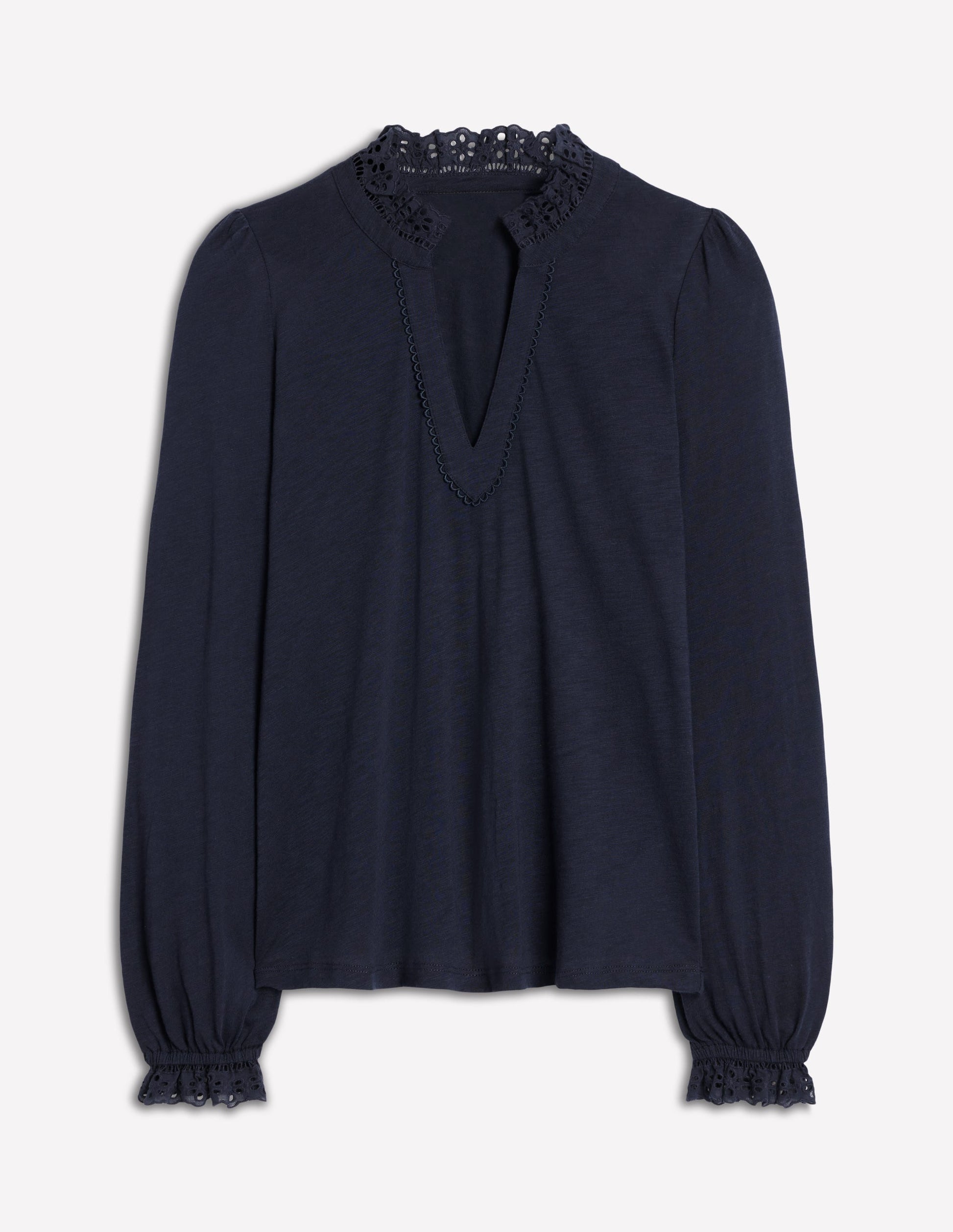 Aria Broderie Notch Neck Top-Navy-5
