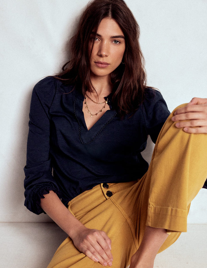 Aria Broderie Notch Neck Top-Navy