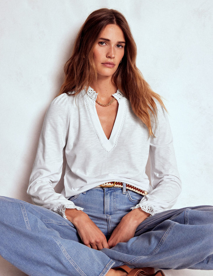 Aria Broderie Notch Neck Top-White