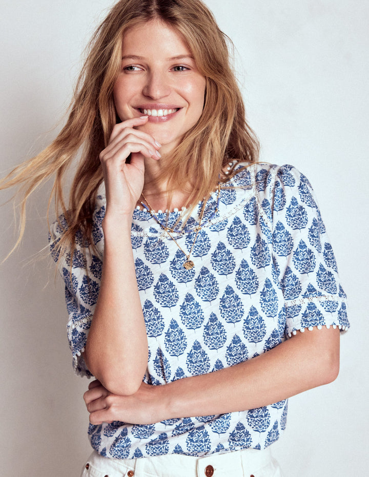 Mila Lace Trim Top-Denim Blue, Wildflower Bouquet