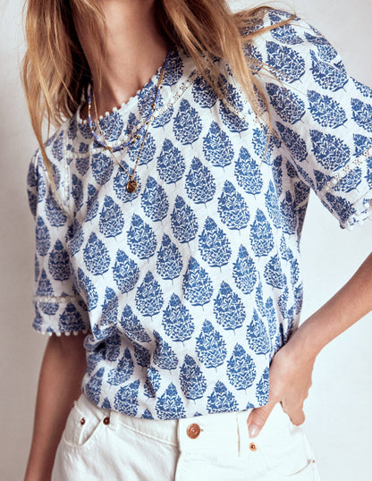 Mila Lace Trim Top-Denim Blue, Wildflower Bouquet-3