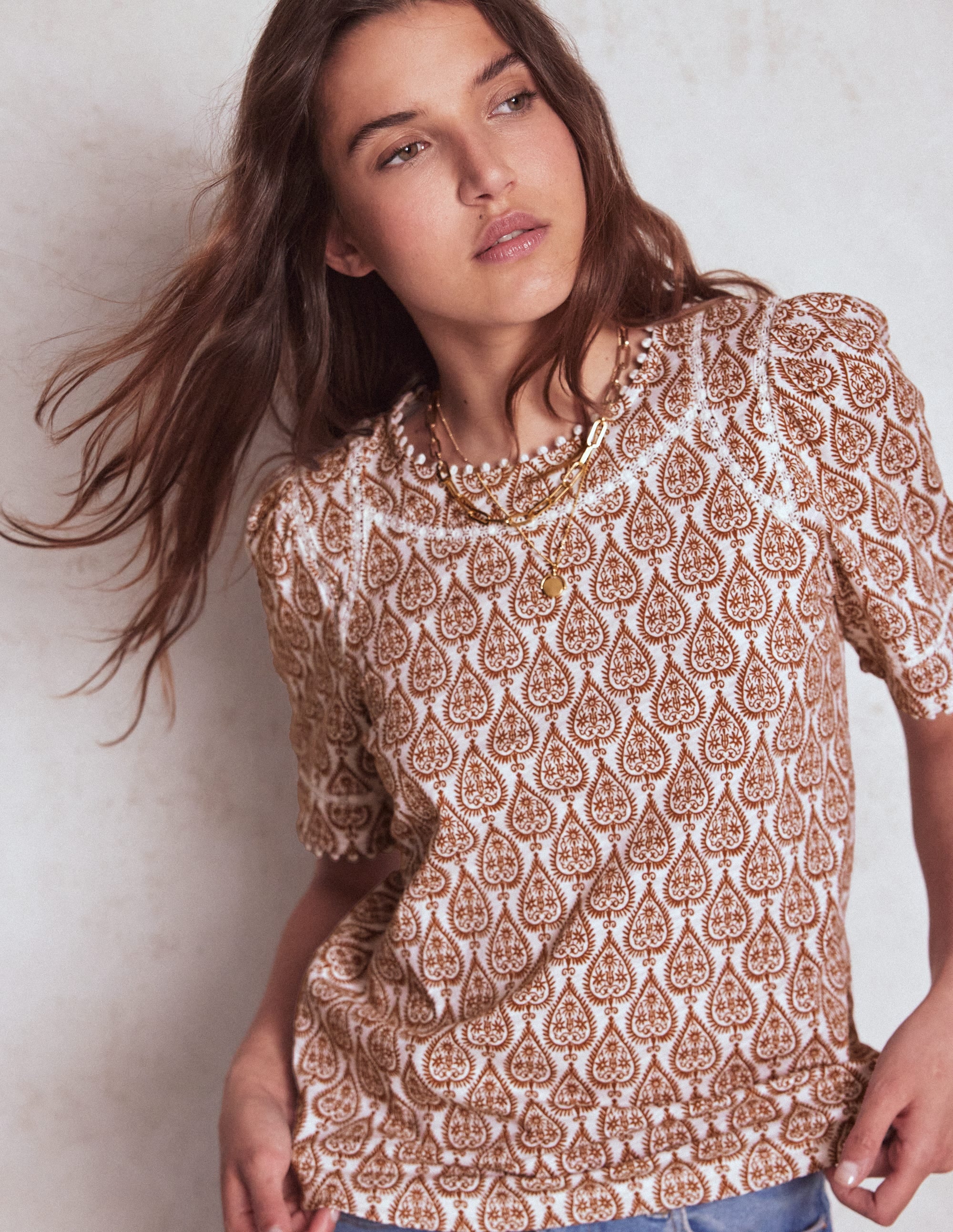 Mila Lace Trim Top-Ivory and Cognac, Ornate Geo - Image 1