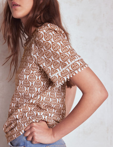 Mila Lace Trim Top-Ivory and Cognac, Ornate Geo