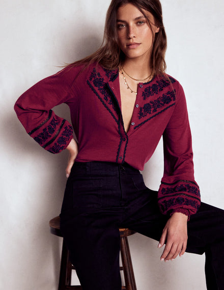 Trim Detail Jersey Shirt-Rumba Red, Navy Emb