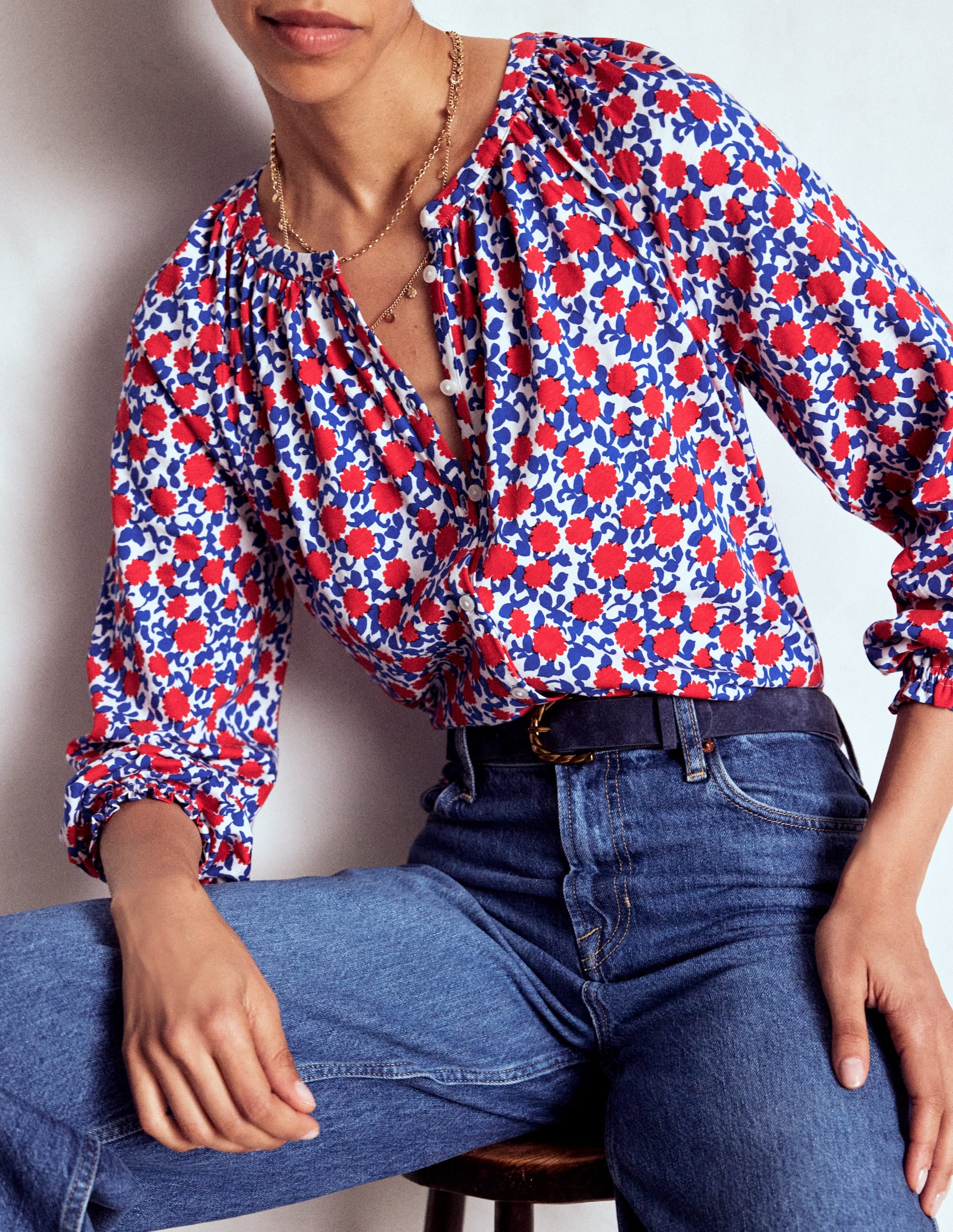 Isla Long Sleeve Jersey Shirt-Poppy Red, Floweret Vine - Image 1