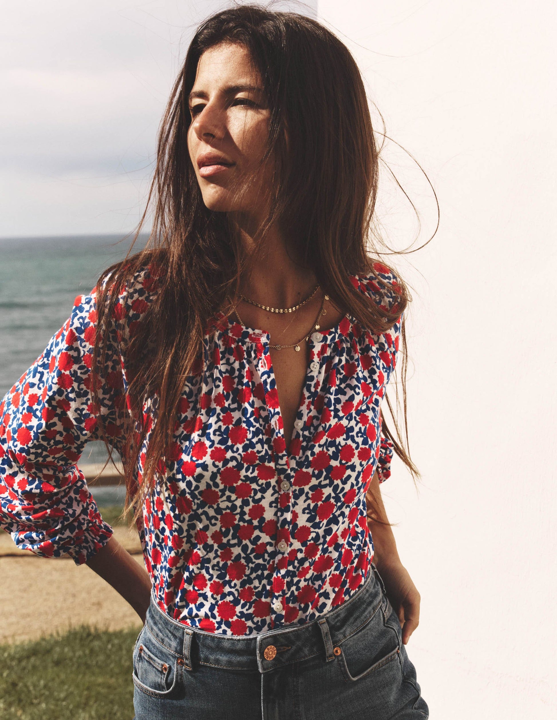 Isla Long Sleeve Jersey Shirt-Poppy Red, Floweret Vine-1