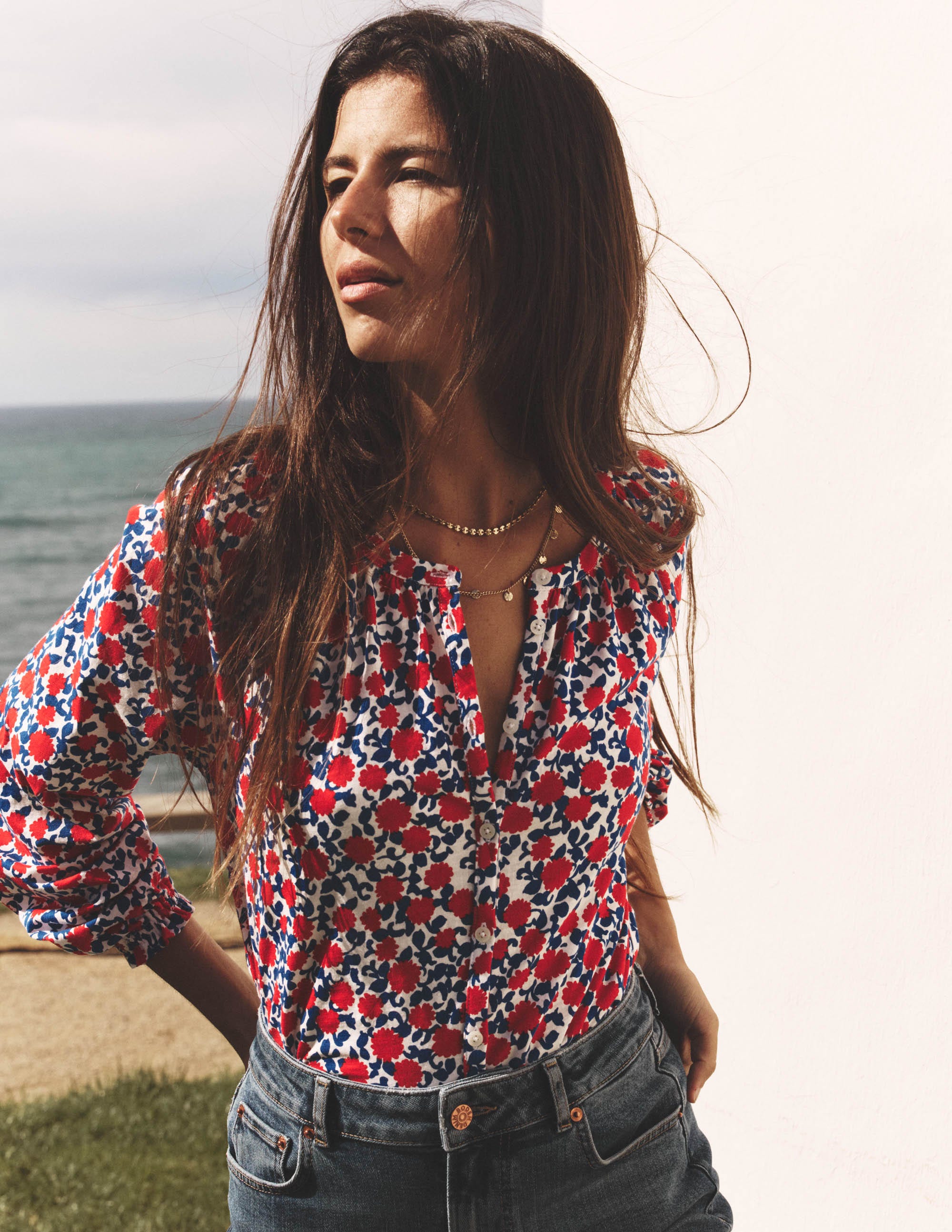 Isla Long Sleeve Jersey Shirt-Poppy Red, Floweret Vine - Image 6