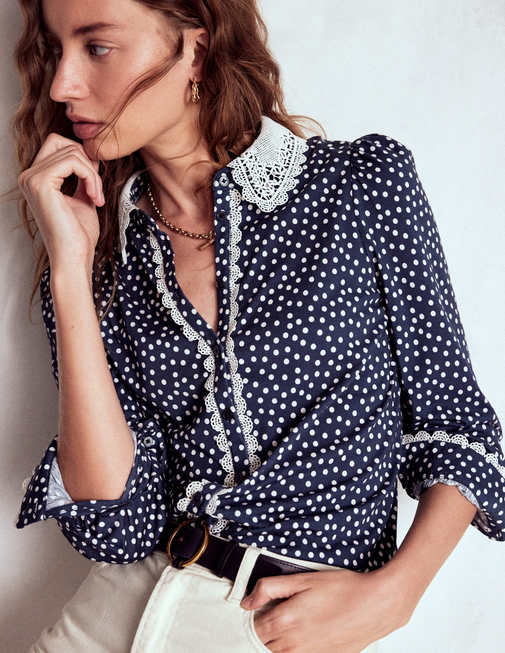 Lace Collar Blouse-Navy-2
