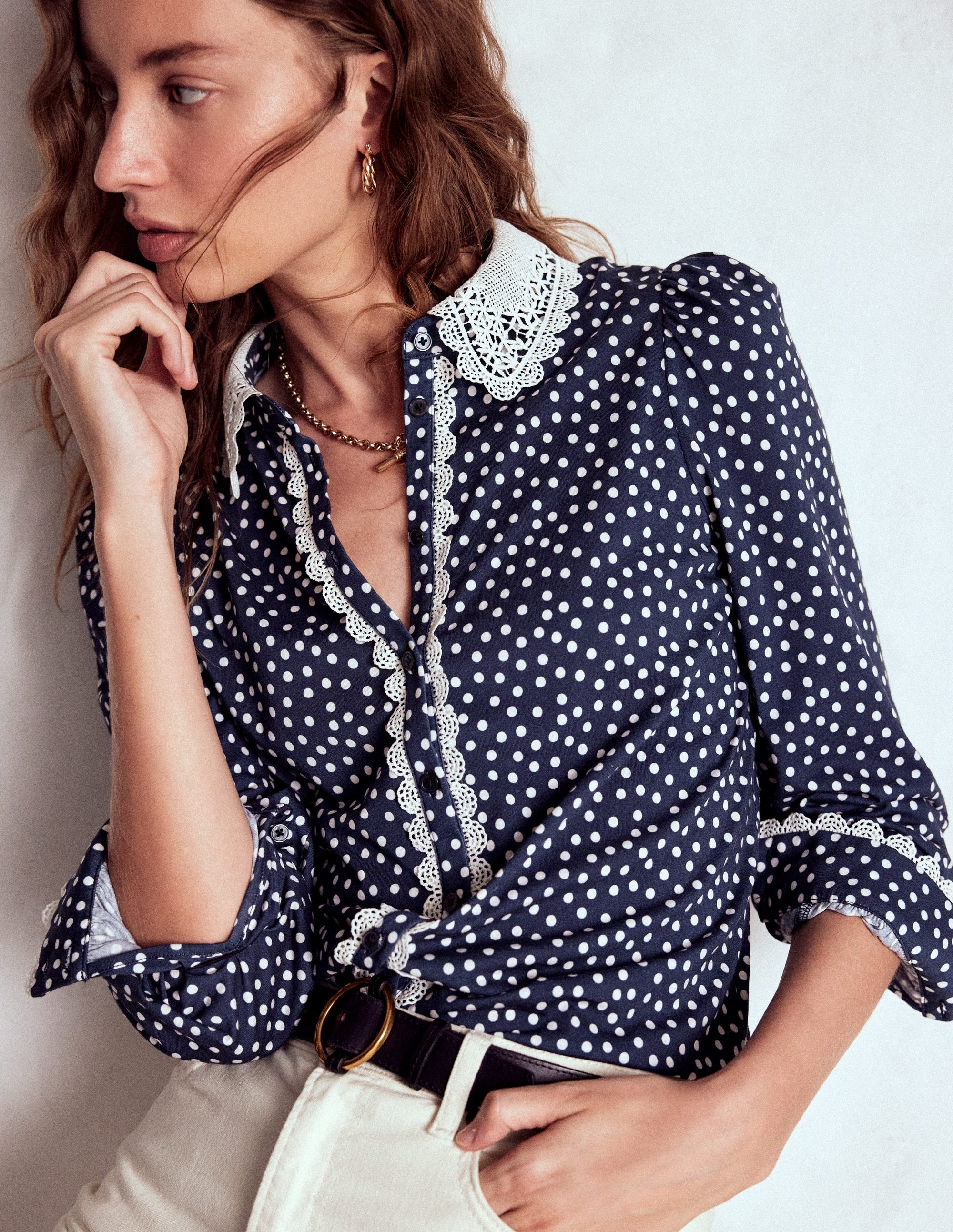 Lace Collar Blouse-Navy - Image 1