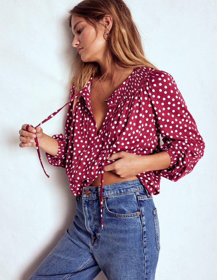 Georgia Smocked Jersey Top-Chestnut, Ivory Painted Dot